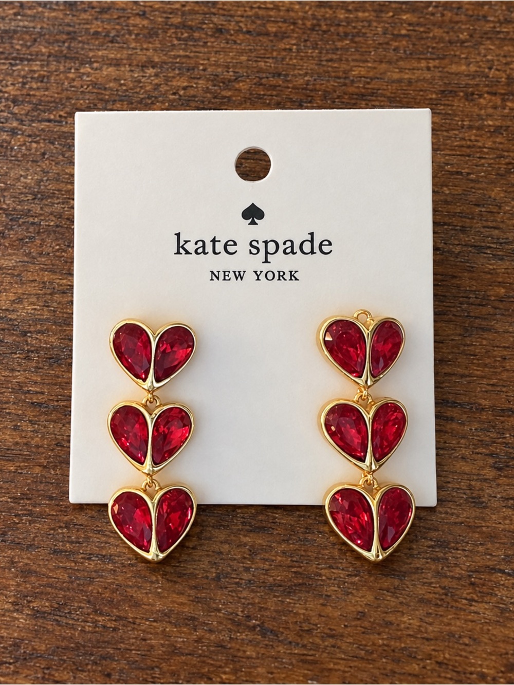 Kate Spade Red Crystal Triple Heart Drop Earrings